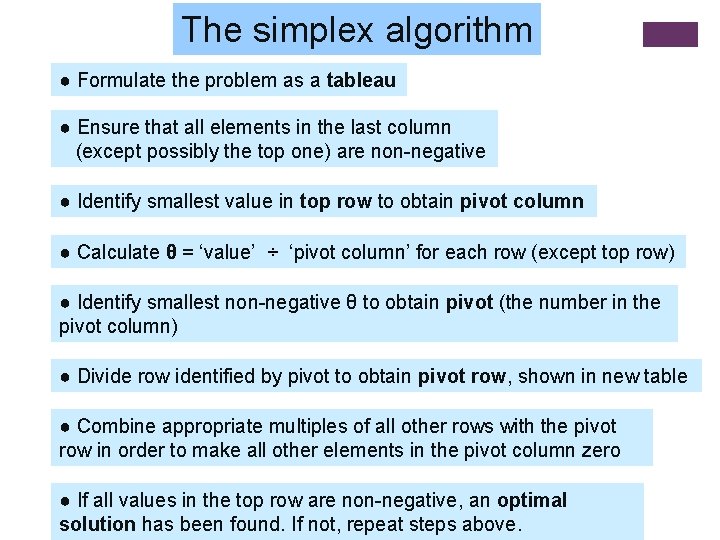 The simplex algorithm ● Formulate the problem as a tableau ● Ensure that all