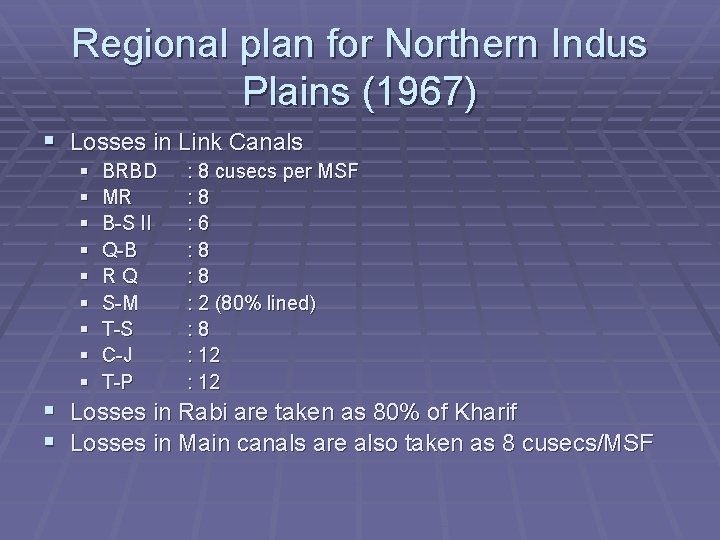 Regional plan for Northern Indus Plains (1967) § Losses in Link Canals § §