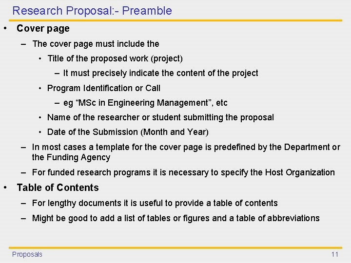 Research Proposal: - Preamble • Cover page – The cover page must include the