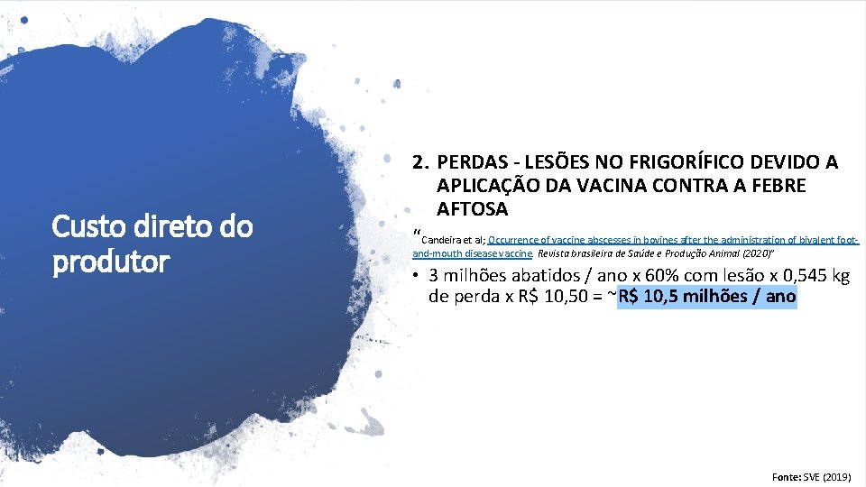 Custo direto do produtor 2. PERDAS - LESÕES NO FRIGORÍFICO DEVIDO A APLICAÇÃO DA