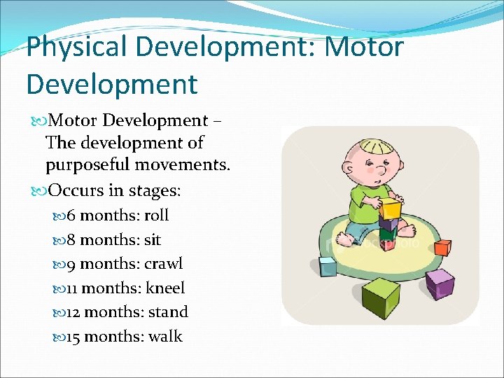 Physical Development: Motor Development – The development of purposeful movements. Occurs in stages: 6