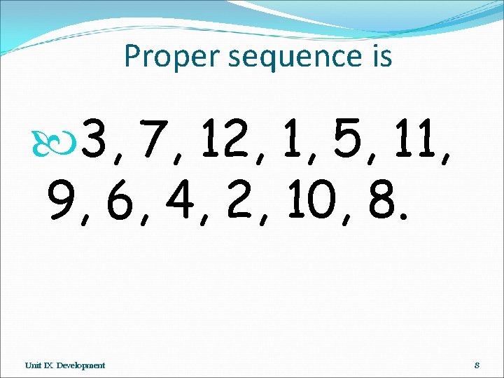 Proper sequence is 3, 7, 12, 1, 5, 11, 9, 6, 4, 2, 10,