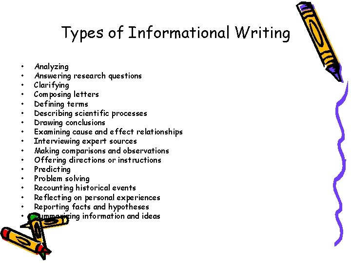 Types of Informational Writing • • • • • Analyzing Answering research questions Clarifying
