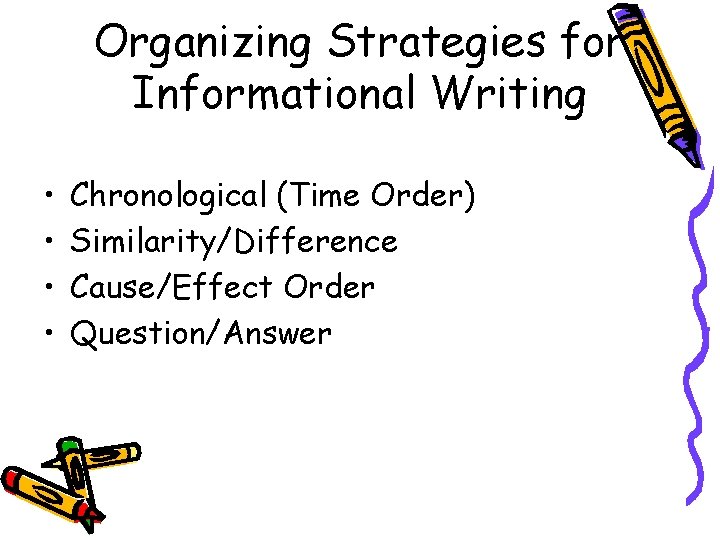 Organizing Strategies for Informational Writing • • Chronological (Time Order) Similarity/Difference Cause/Effect Order Question/Answer