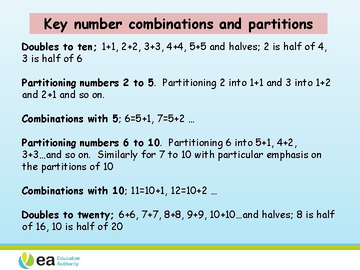 Key number combinations and partitions Doubles to ten; 1+1, 2+2, 3+3, 4+4, 5+5 and