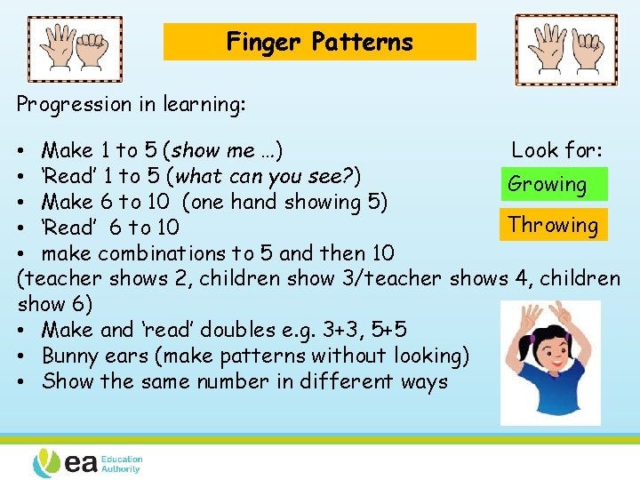 Finger Patterns Progression in learning: • Make 1 to 5 (show me …) Look