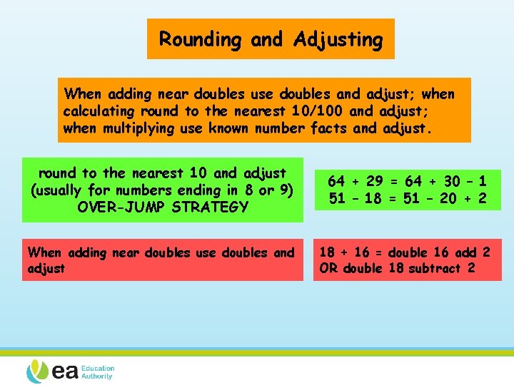 Rounding and Adjusting When adding near doubles use doubles and adjust; when calculating round
