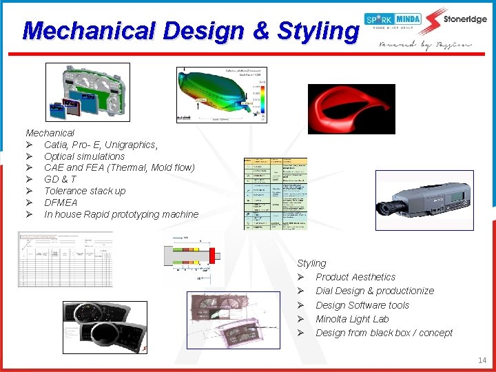 Mechanical Design & Styling Mechanical Ø Catia, Pro- E, Unigraphics, Ø Optical simulations Ø