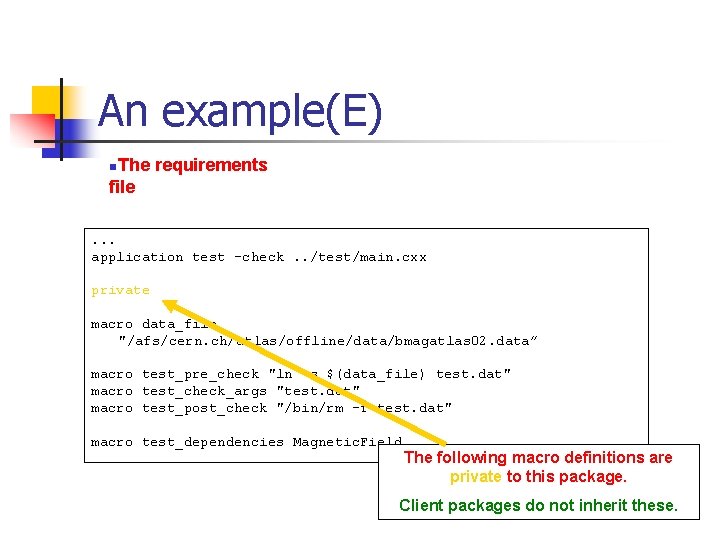An example(E) n. The requirements file. . . application test -check. . /test/main. cxx