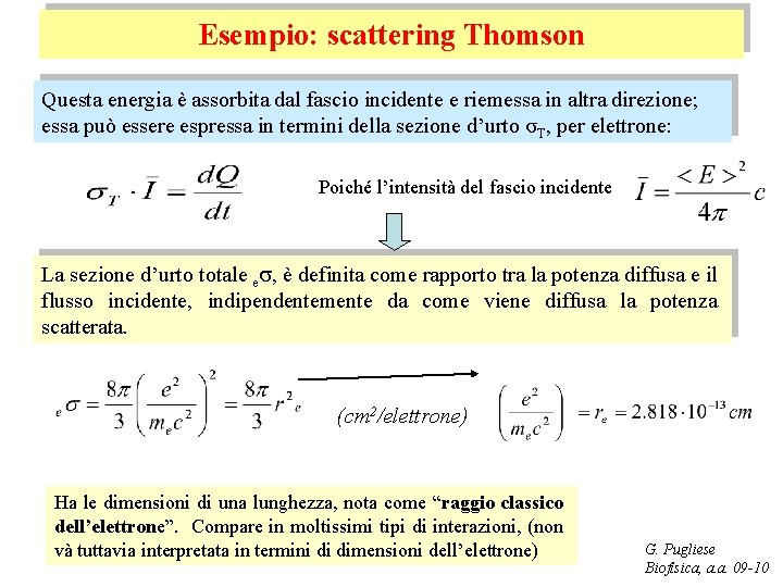 Esempio: scattering Thomson Questa energia è assorbita dal fascio incidente e riemessa in altra