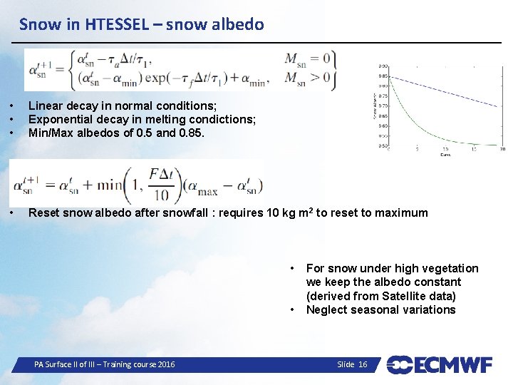 Snow in HTESSEL – snow albedo • • • Linear decay in normal conditions;