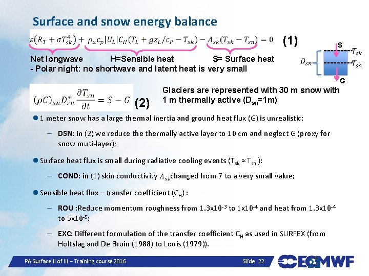 Surface and snow energy balance (1) S Net longwave H=Sensible heat S= Surface heat