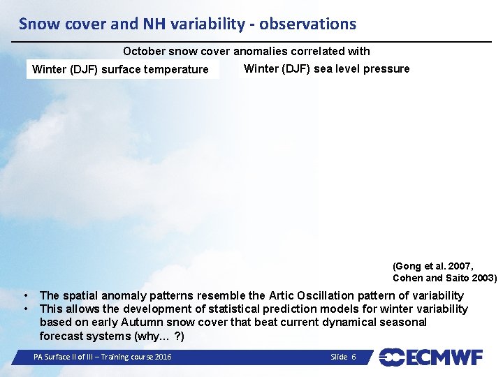 Snow cover and NH variability - observations October snow cover anomalies correlated with Winter