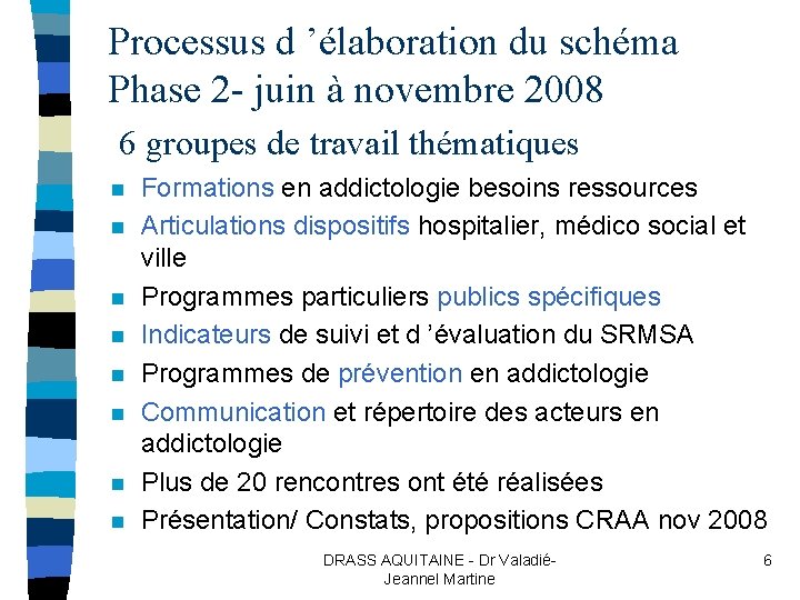 Processus d ’élaboration du schéma Phase 2 - juin à novembre 2008 6 groupes