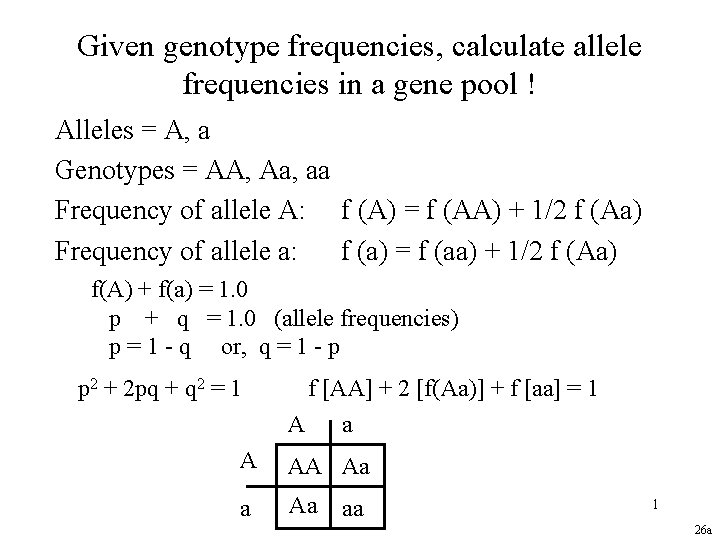 Given genotype frequencies, calculate allele frequencies in a gene pool ! Alleles = A,