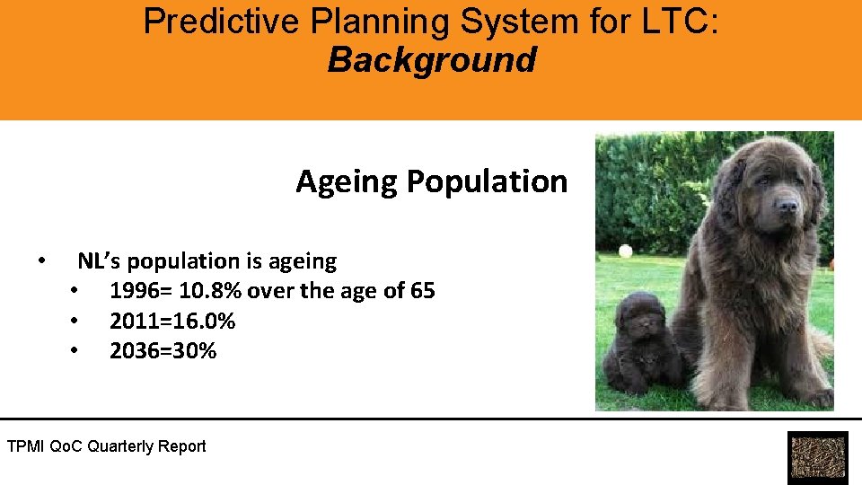Predictive Planning System for LTC: Background Ageing Population • NL’s population is ageing •