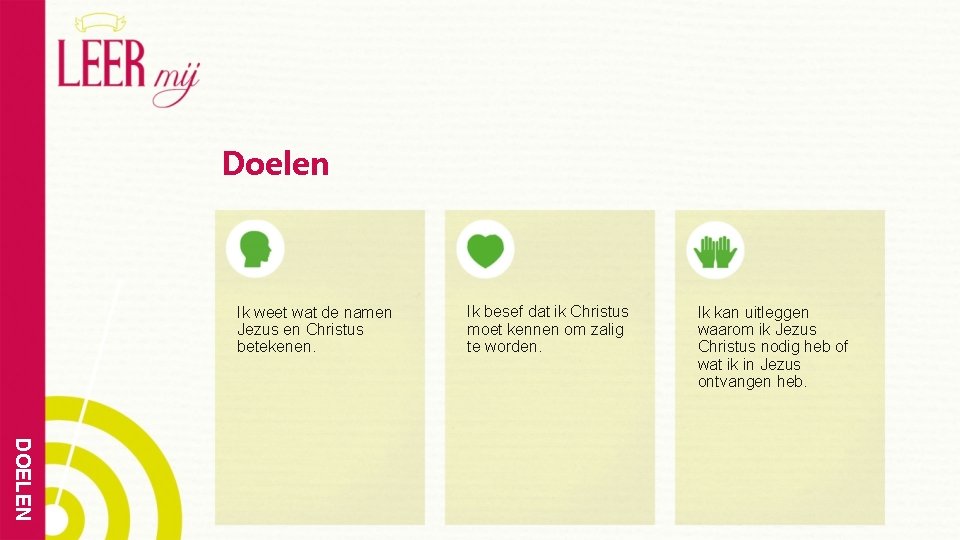 Doelen Ik weet wat de namen Jezus en Christus betekenen. Ik besef dat ik