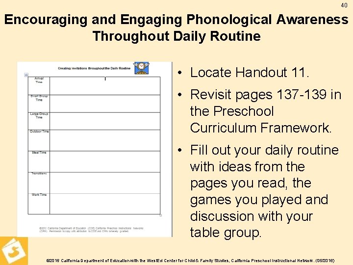 40 Encouraging and Engaging Phonological Awareness Throughout Daily Routine • Locate Handout 11. •