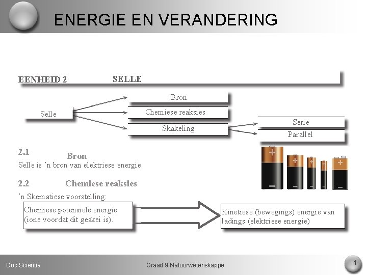 ENERGIE EN VERANDERING EENHEID 2 SELLE Bron Chemiese reaksies Selle Serie Skakeling 2. 1