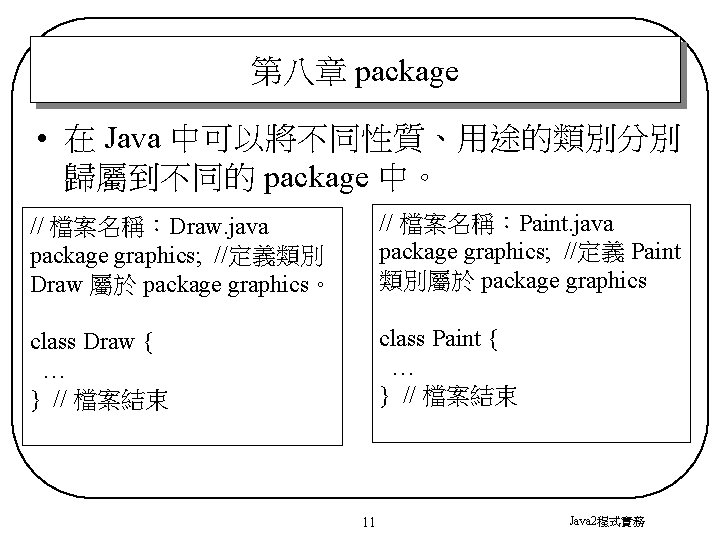 第八章 package • 在 Java 中可以將不同性質、用途的類別分別 歸屬到不同的 package 中。 // 檔案名稱：Draw. java package graphics;