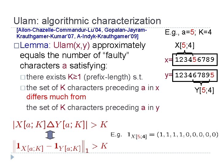 Ulam: algorithmic characterization [Ailon-Chazelle-Commandur-Lu’ 04, Gopalan-Jayram. Krauthgamer-Kumar’ 07, A-Indyk-Krauthgamer’ 09] �Lemma: Ulam(x, y) approximately