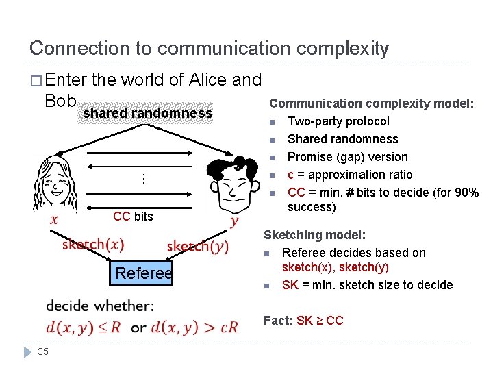 Connection to communication complexity � Enter the world of Alice and Bob… shared randomness