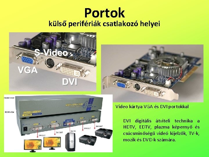 Portok külső perifériák csatlakozó helyei Video kártya VGA és DVI portokkal DVI digitális átviteli