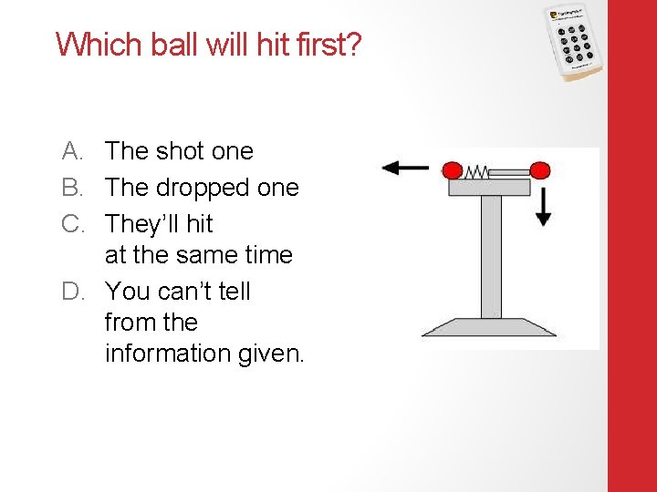 Which ball will hit first? A. The shot one B. The dropped one C.