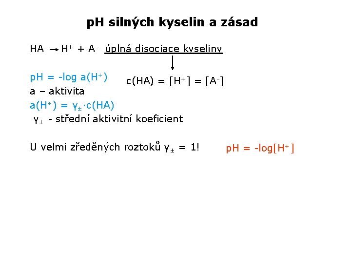 p. H silných kyselin a zásad HA H+ + A- úplná disociace kyseliny p.