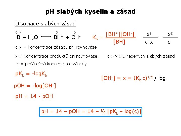 p. H slabých kyselin a zásad Disociace slabých zásad c-x x BH+ B +