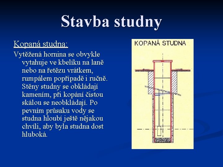 Stavba studny Kopaná studna: Vytěžená hornina se obvykle vytahuje ve kbelíku na laně nebo