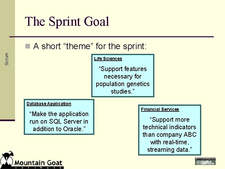 The Sprint Goal Scrum n A short “theme” for the sprint: Life Sciences “Support