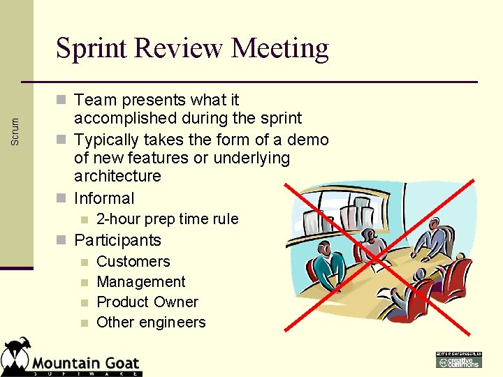 Sprint Review Meeting Scrum n Team presents what it accomplished during the sprint n