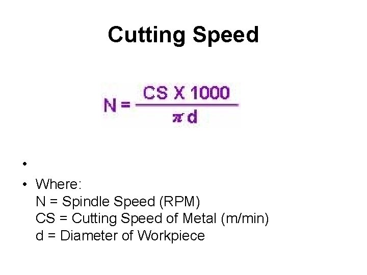 Cutting Speed • • Where: N = Spindle Speed (RPM) CS = Cutting Speed