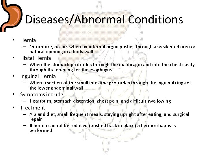 Diseases/Abnormal Conditions • Hernia – Or rupture, occurs when an internal organ pushes through