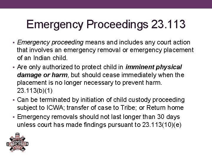 Emergency Proceedings 23. 113 • Emergency proceeding means and includes any court action that