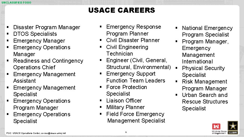 UNCLASSIFIED FOUO USACE CAREERS § § § § § Disaster Program Manager DTOS Specialists