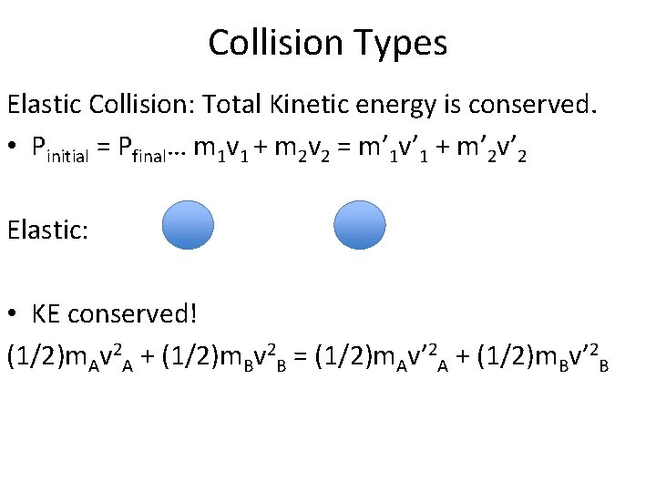 Collision Types Elastic Collision: Total Kinetic energy is conserved. • Pinitial = Pfinal… m