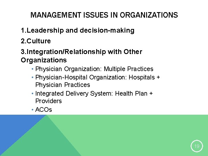 MANAGEMENT ISSUES IN ORGANIZATIONS 1. Leadership and decision-making 2. Culture 3. Integration/Relationship with Other