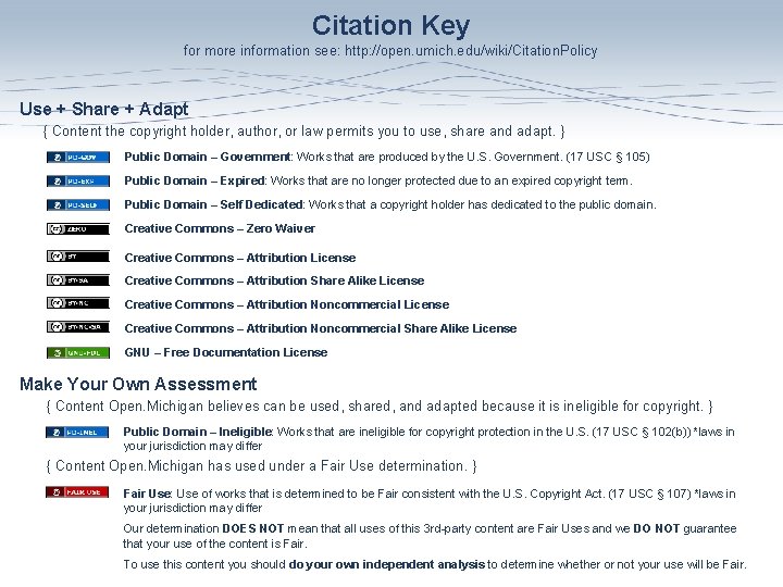 Citation Key for more information see: http: //open. umich. edu/wiki/Citation. Policy Use + Share