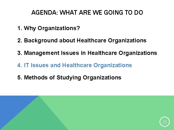 AGENDA: WHAT ARE WE GOING TO DO 1. Why Organizations? 2. Background about Healthcare