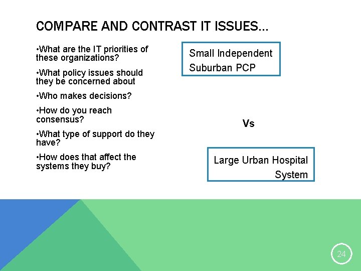 COMPARE AND CONTRAST IT ISSUES… • What are the IT priorities of these organizations?