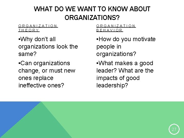 WHAT DO WE WANT TO KNOW ABOUT ORGANIZATIONS? ORGANIZATION THEORY ORGANIZATION BEHAVIOR • Why