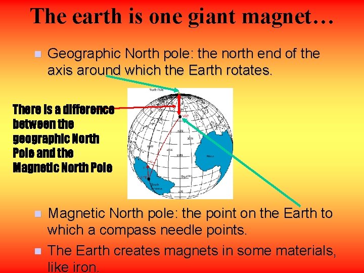 The earth is one giant magnet… n Geographic North pole: the north end of