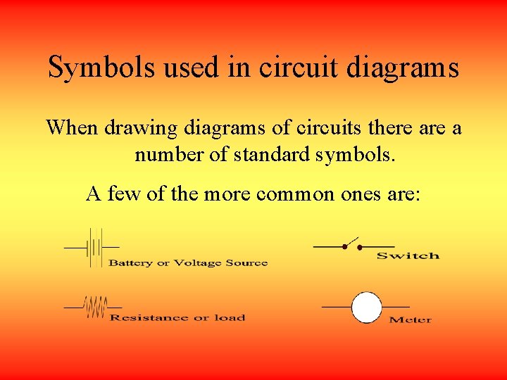 Symbols used in circuit diagrams When drawing diagrams of circuits there a number of