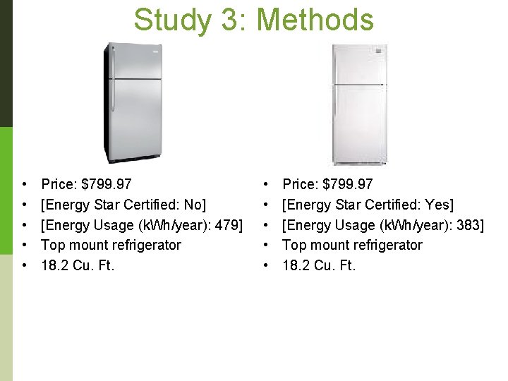 Study 3: Methods • • • Price: $799. 97 [Energy Star Certified: No] [Energy