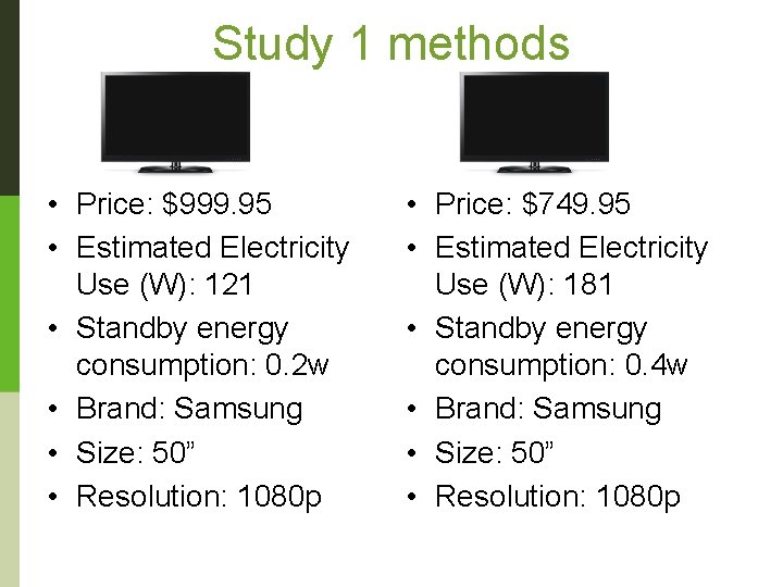 Study 1 methods • Price: $999. 95 • Estimated Electricity Use (W): 121 •