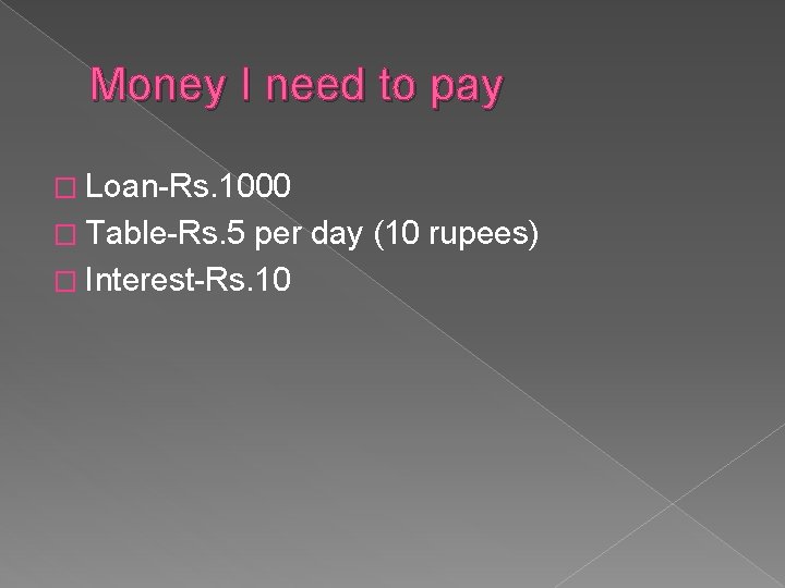 Money I need to pay � Loan-Rs. 1000 � Table-Rs. 5 per day (10
