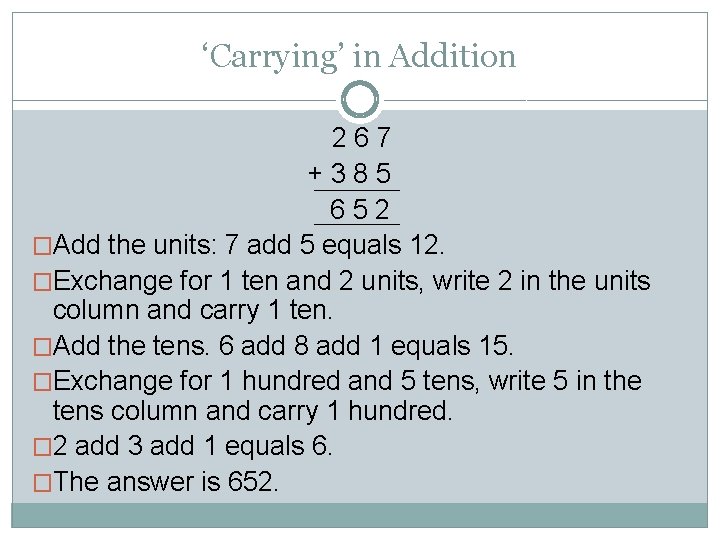 ‘Carrying’ in Addition 267 +385 652 �Add the units: 7 add 5 equals 12.
