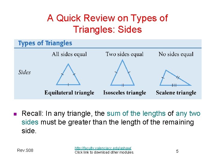 A Quick Review on Types of Triangles: Sides n Recall: In any triangle, the